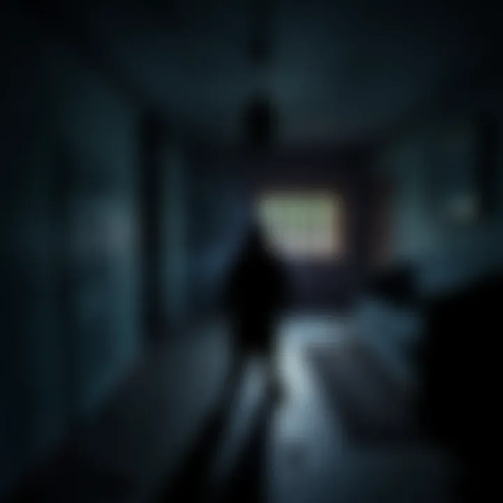 Shadowy Figure in Old House A shadowy figure standing in a dark, eerie room of an old house with a vacant property in the background