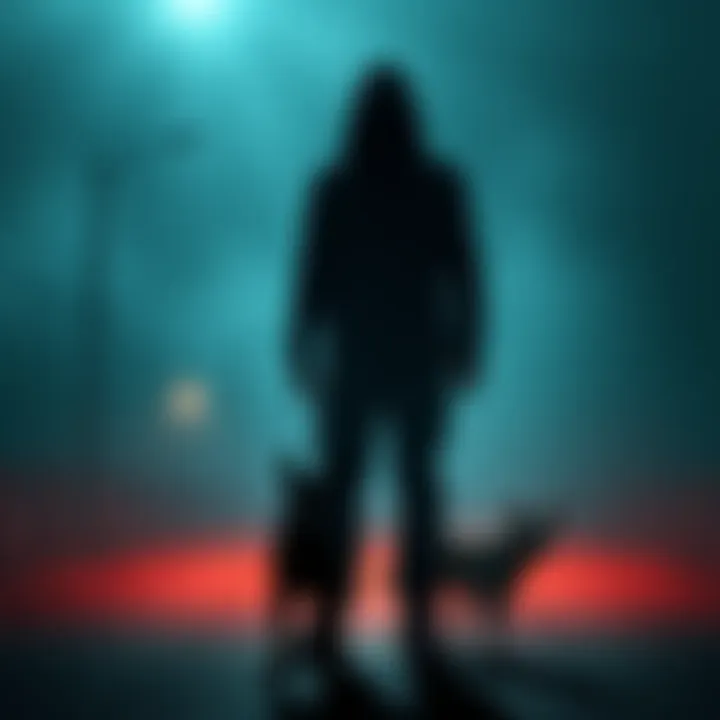 A shadowy humanoid figure stands on a dimly lit road, with two dogs appearing to vanish into the darkness nearby.