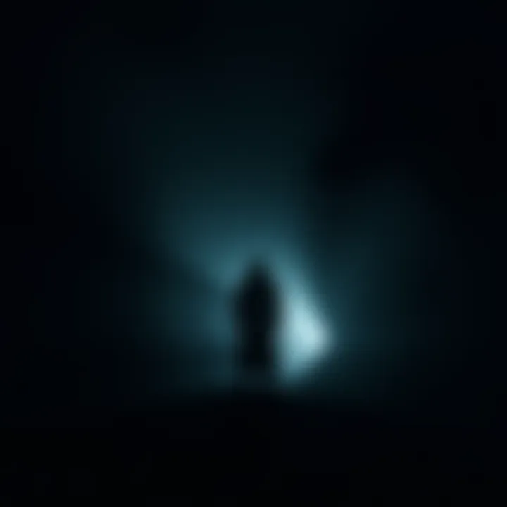 A dark, shadowy figure stands in a dimly lit space, evoking a sense of fear and introspection, representing the struggle between self-exploration and grounding in reality.