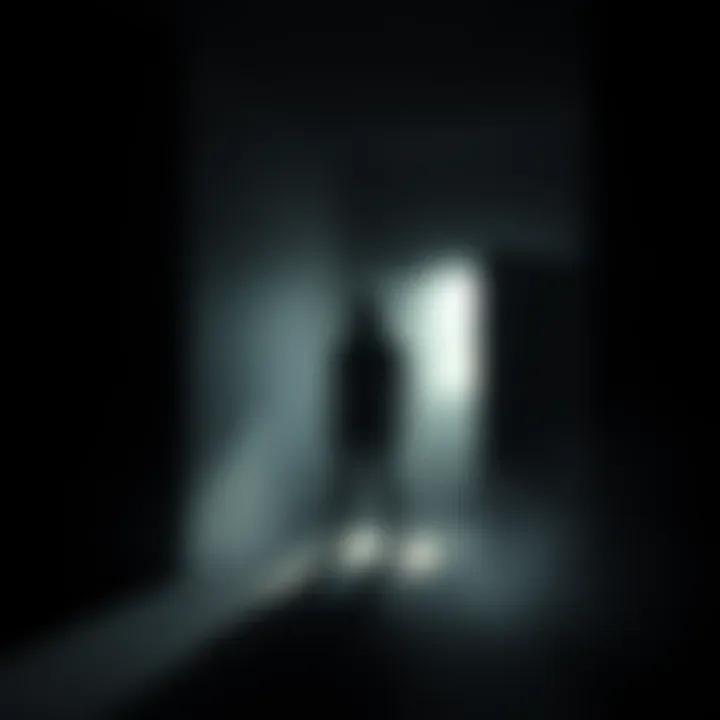 A figure stands in a dark corner of a room, casting a shadow, while faint whispers echo around. Light filters softly through a nearby window, creating a ghostly atmosphere.