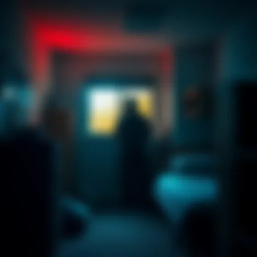 A university dorm room with a shadowy figure in the corner, creating a spooky atmosphere during the night.