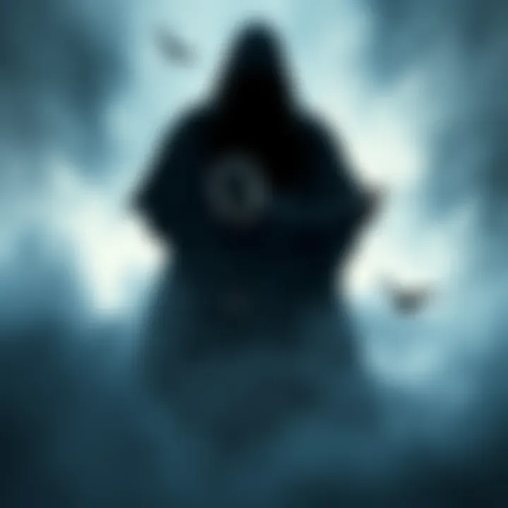 A dark figure in black holding a child, surrounded by a misty dreamlike atmosphere.