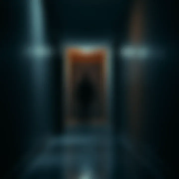 A dimly lit hallway with a shadowy figure standing at the end, creating an eerie atmosphere