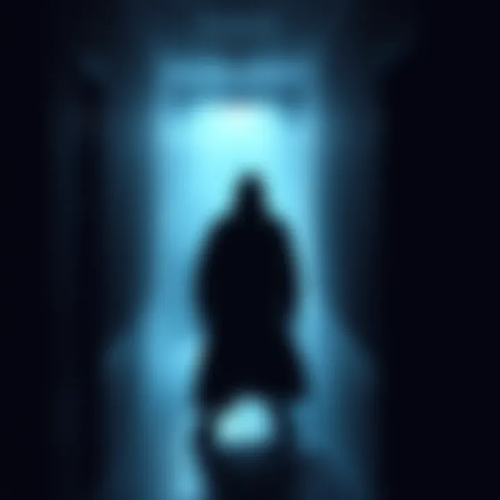 A shadowy figure stands in a dimly lit hallway, casting an eerie presence.