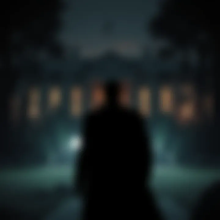 A dark silhouette of a man in a suit standing in front of a large, ominous building surrounded by trees at night