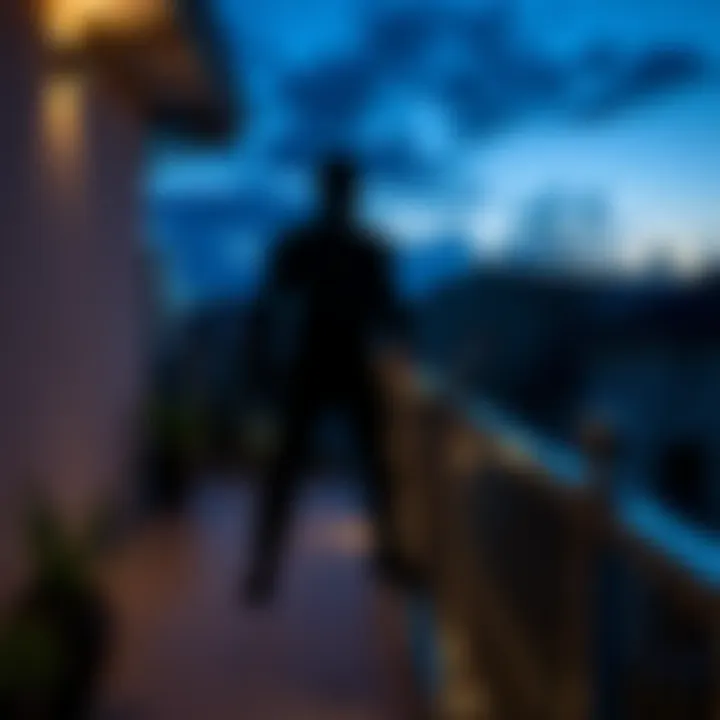 A dark shadow resembling a figure appears on a terrace in a casual photo taken by a person.