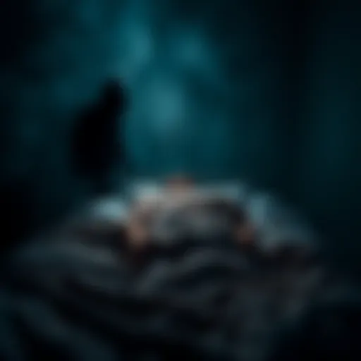 A person waking up in bed and seeing dark silhouettes in black clothing nearby