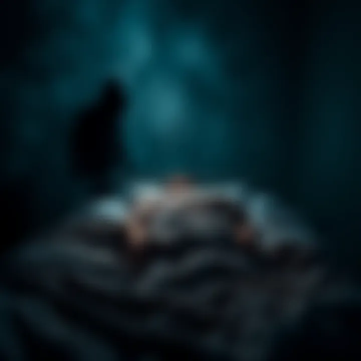 A person waking up in bed and seeing dark silhouettes in black clothing nearby