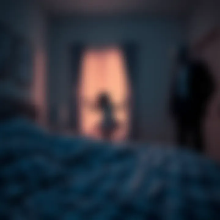 A family experiencing sleep paralysis, with shadowy figures like a playful girl in a dress and a lurking man appearing in their room at night.