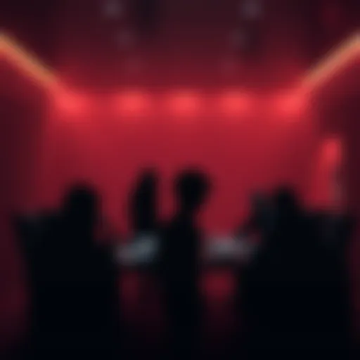 Shadowy Figures Meeting A group of silhouetted figures gathered around a table, discussing plans in a dimly lit room