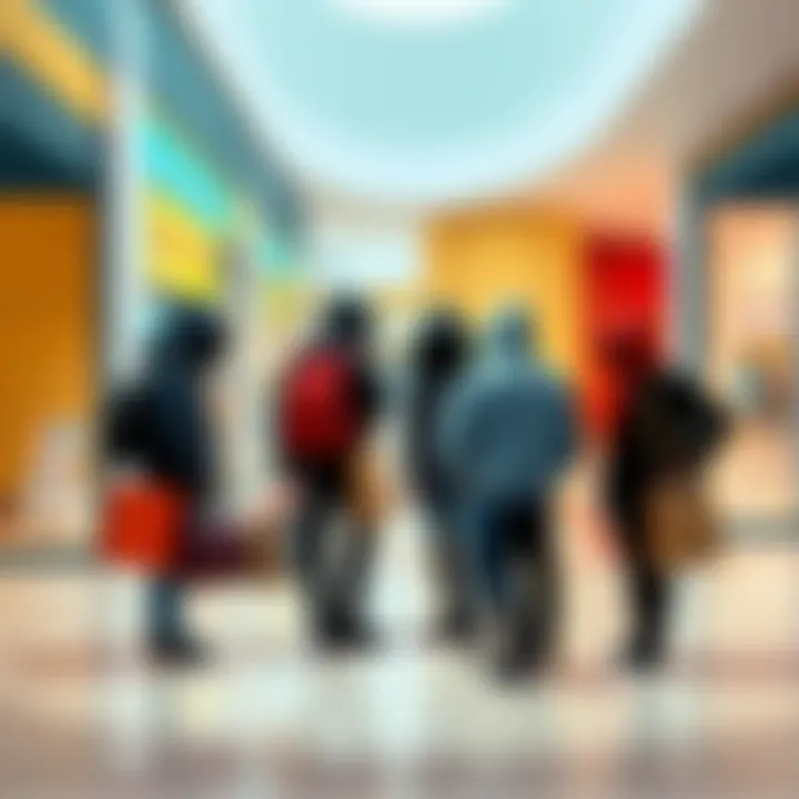 A group of suspicious-looking individuals with shopping bags standing near a mall entrance, discussing among themselves.