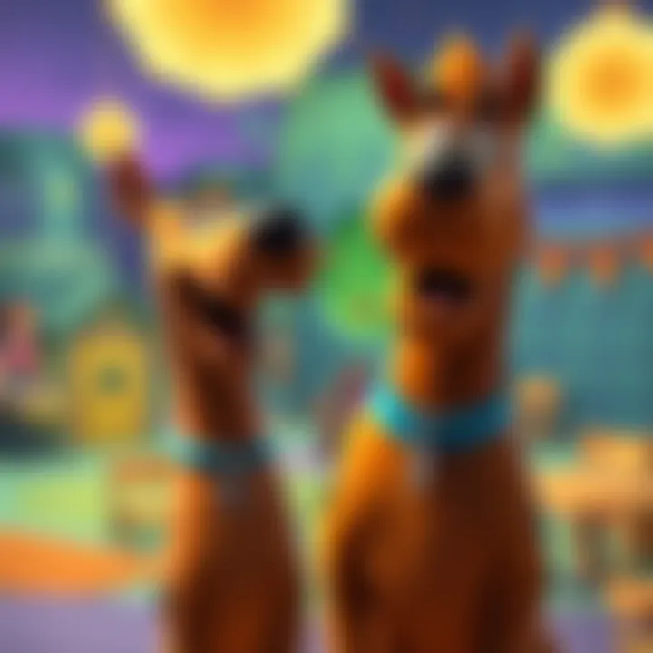 Shaggy standing with Scooby Doo in a colorful cartoon scene, looking surprised.