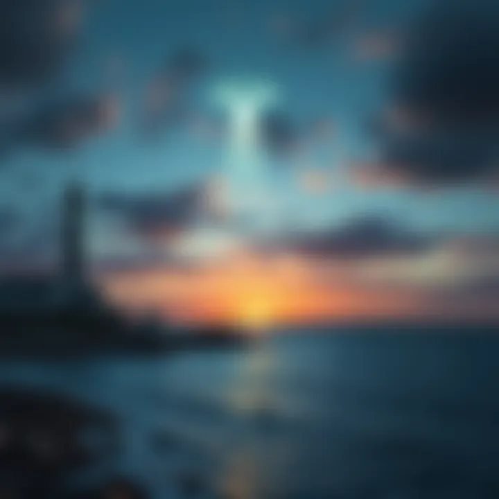 Shag Harbour UFO Crash Site A serene view of the Shag Harbour coastline with a mysterious light in the sky, depicting the 1967 UFO crash scene.