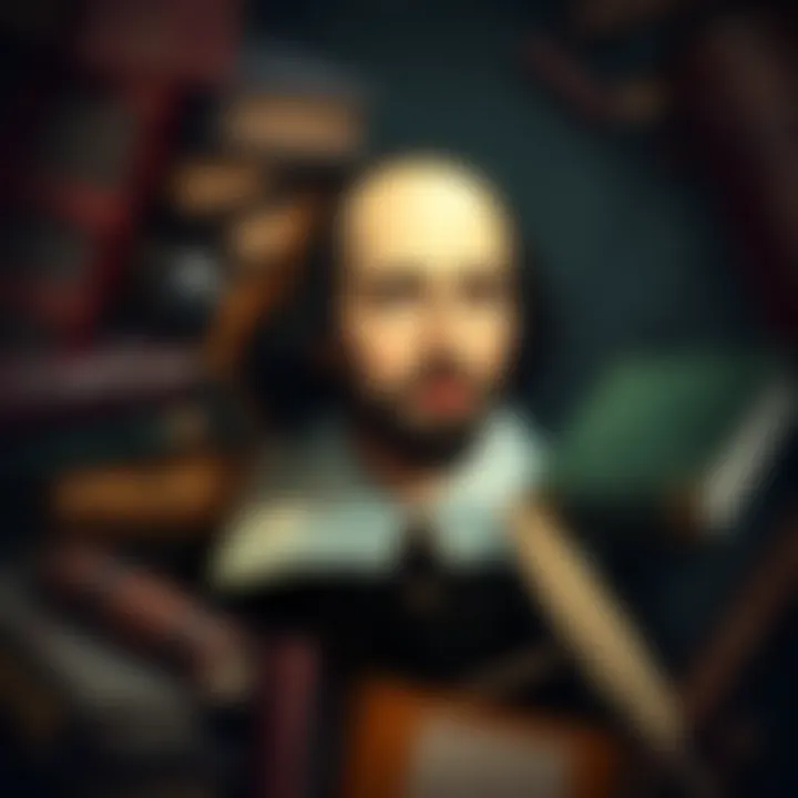 An illustration of William Shakespeare surrounded by old books and quills, representing the debate on his authorship.