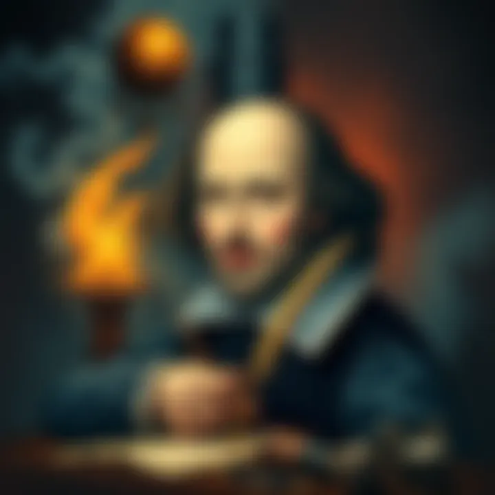 A portrait of William Shakespeare writing with a quill, surrounded by symbols of magic and the occult, reflecting themes of immortality through art.