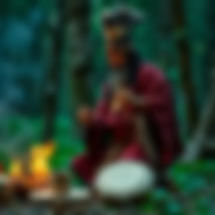 A shaman performing a ritual A shaman in traditional attire conducts a ritual with herbs and drums in a serene forest setting