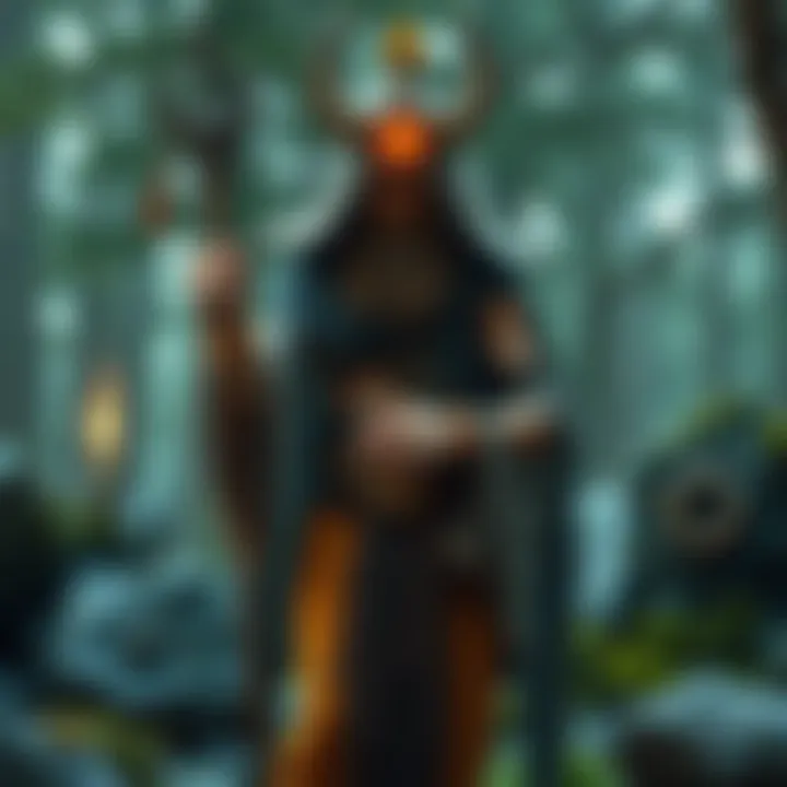A shaman holding a staff adorned with Norse symbols, surrounded by natural elements like trees and stones, reflecting a blend of shamanism and Norse Paganism practices.