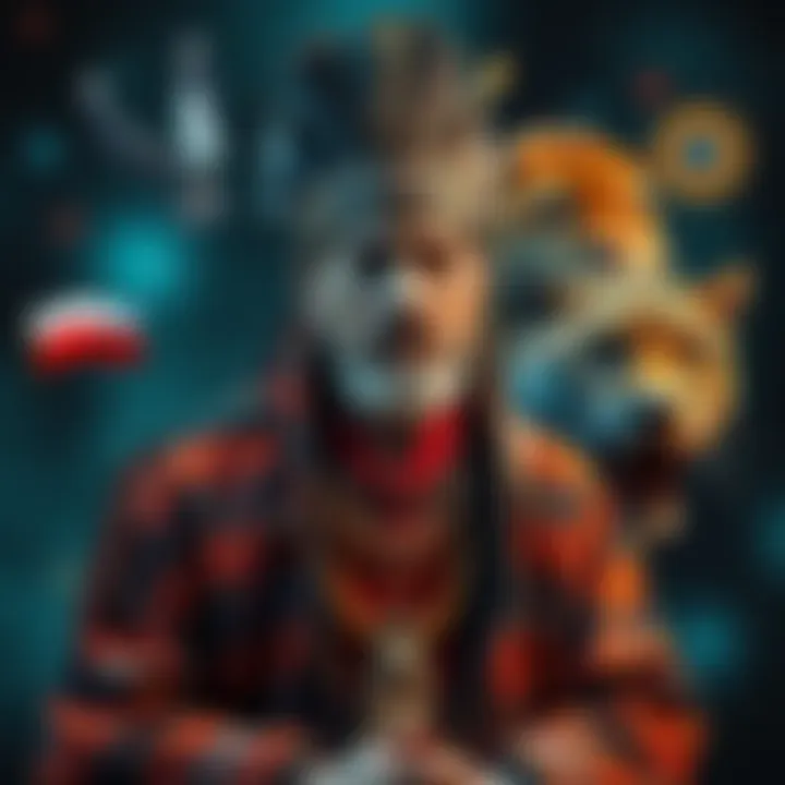 A shaman in traditional attire surrounded by symbols of ancient Poland and Mesoamerica, with a jaguar in the background, illustrating a connection to past lives.