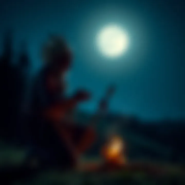 A shaman in traditional attire conducts a ritual outdoors at night, illuminated by a bright full moon. Surrounding nature adds to the spiritual atmosphere.