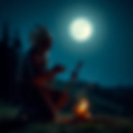 Shaman performing ritual under full moon A shaman in traditional attire conducts a ritual outdoors at night, illuminated by a bright full moon. Surrounding nature adds to the spiritual atmosphere.