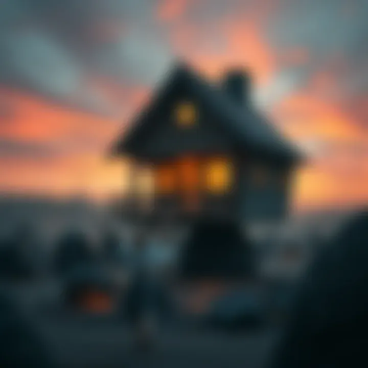 A person spins joyfully while standing in front of a quirky, balancing house, surrounded by eerie scenery and a colorful sky.