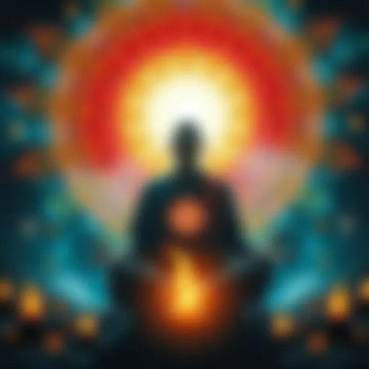 A healer in a meditative trance surrounded by vibrant energy patterns, representing spiritual healing and energy attachments.