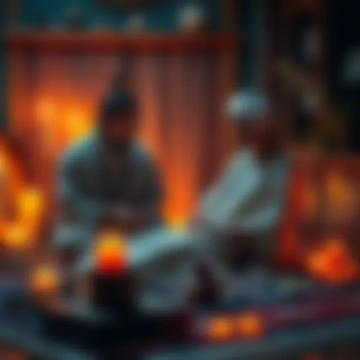 A shamanic practitioner is conducting a soul retrieval session with a client, surrounded by candles and natural elements, creating a serene atmosphere.