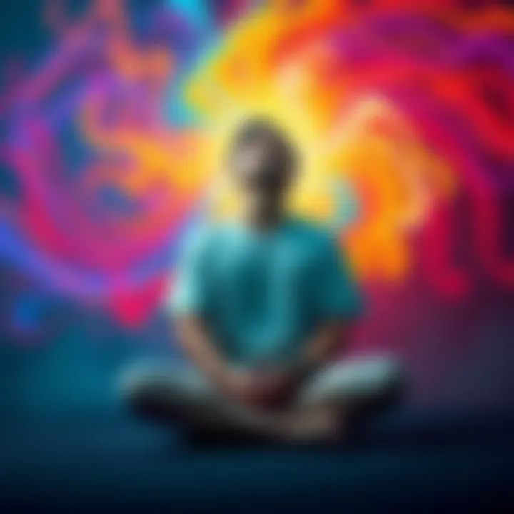 An individual sitting cross-legged with eyes closed, surrounded by swirling colors, representing a shamanic journey to connect with an ex-partner for emotional healing.