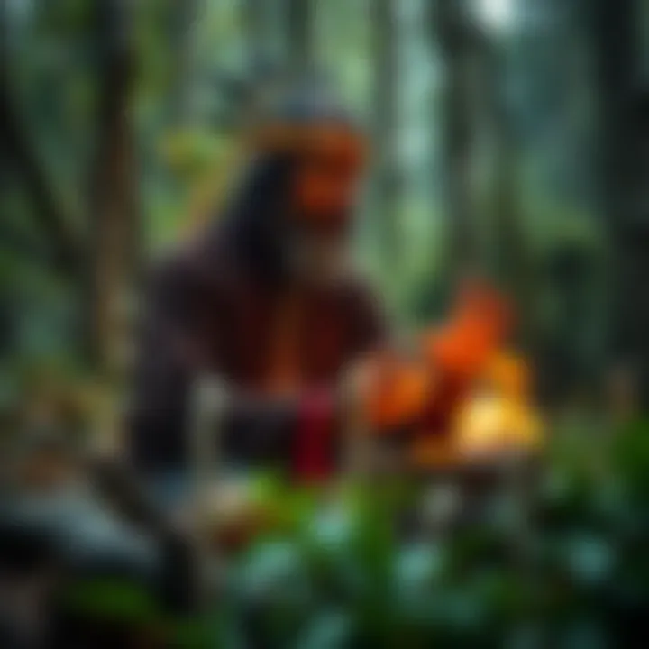 A shamanic practitioner performing a ritual in a forest setting, surrounded by natural elements like trees and plants, with a serene atmosphere.