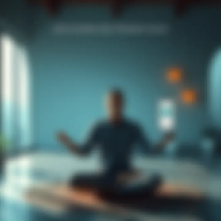 A calm person practicing Shambahvi meditation in a serene environment without a Mandala, with a mobile app promoting flexibility in the background.