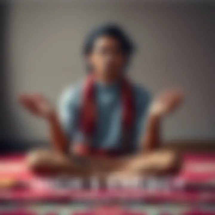 Individual sitting cross-legged, looking alert with wide eyes, hands in a mudra position, depicting high energy and restlessness after Shambhavi initiation