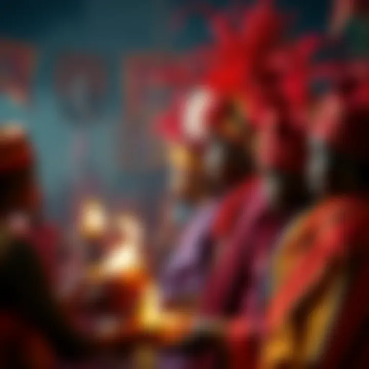 A vibrant festival scene in Oyo, showcasing people dressed in traditional attire performing rituals in honor of Shango.