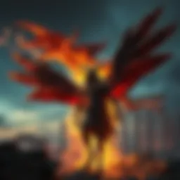A mythical figure transforming into different forms, symbolizing the legend of nephilim. The background shows ancient ruins, emphasizing the historical context.