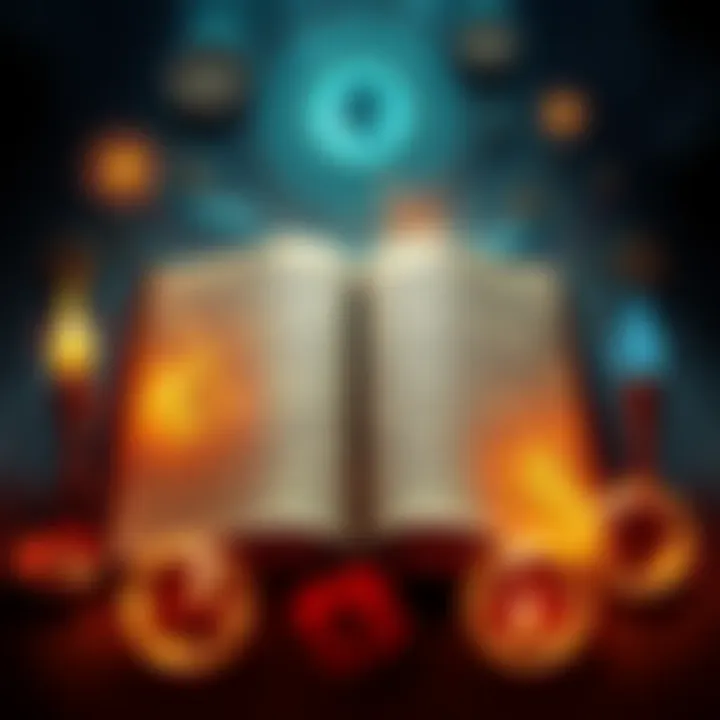 Shastras and Advaita Vedanta An open ancient text with handwritten verses surrounded by symbols representing morality and society.