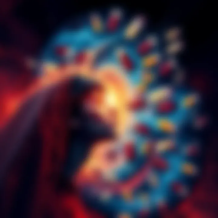 An abstract representation of Shatabhisha nakshatras showing a person deep in thought surrounded by swirling images of addiction symbols like bottles and pills.