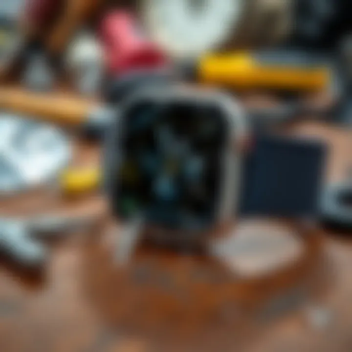 A shattered Apple Watch displayed on a workbench, tools nearby, showcasing the repair process, with a focus on the broken screen and repair tools.