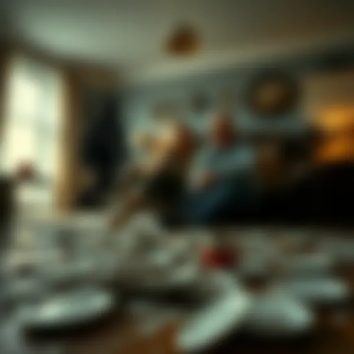 A couple looks puzzled in their living room, with broken plates on the floor and a shadowy figure in the background. Strangely, there's no sign of how the plates shattered.