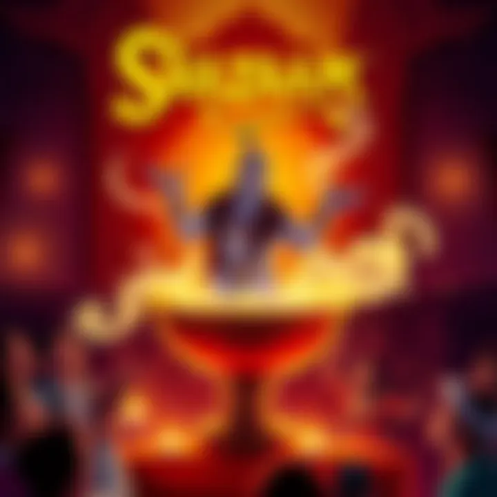 A vintage movie poster featuring a cartoon genie in a lamp, surrounded by swirling magical smoke, with a joyful audience in the background. The genie resembles Sinbad, wearing traditional Arabian attire.