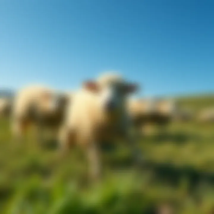 Sheep with long fluffy tails in a field A group of sheep with long fluffy tails grazing in a green field under a clear blue sky