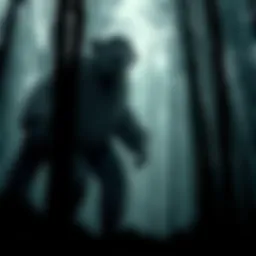 A large, hairy creature resembling a sheep and a human stands in a dark West Virginia forest, surrounded by trees.