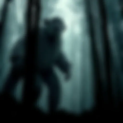 A large, hairy creature resembling a sheep and a human stands in a dark West Virginia forest, surrounded by trees.