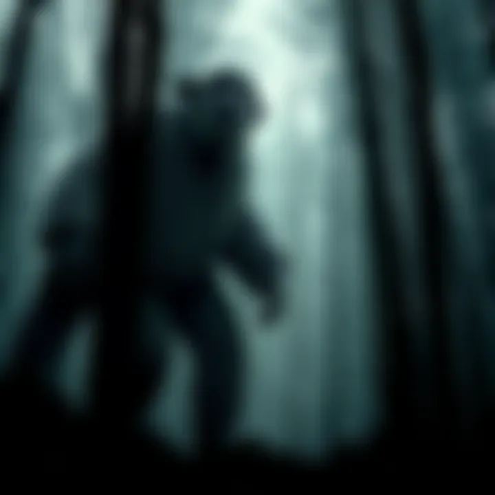 A large, hairy creature resembling a sheep and a human stands in a dark West Virginia forest, surrounded by trees.