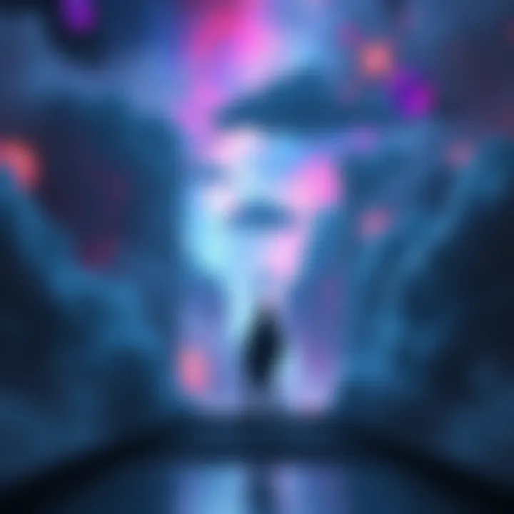 A person standing at the edge of a portal, looking into a vibrant but surreal dream world.