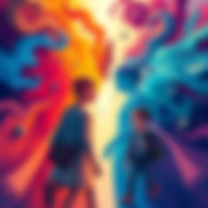 An illustration of two figures representing a person's current and desired selves, surrounded by a swirl of colors symbolizing different realities.