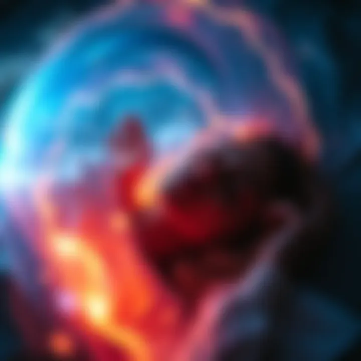 A person lying on a bed with closed eyes, enveloped in a soft glow, surrounded by swirling dreamlike colors, symbolizing a shift into a vivid dream state.