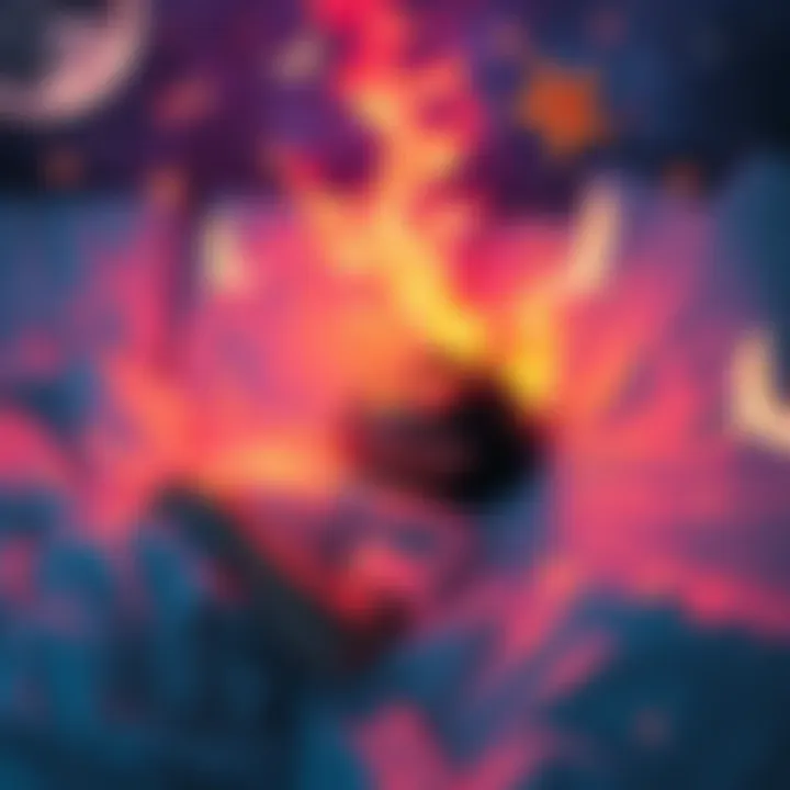 Shifting Experience A person lying on a bed, transitioning from sleep to wakefulness, surrounded by dream-like imagery and vivid colors, showing a blend of reality and imagination.