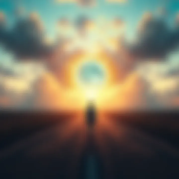 A person standing at a crossroads, looking towards a shimmering portal that represents alternate realities, with a thoughtful expression.