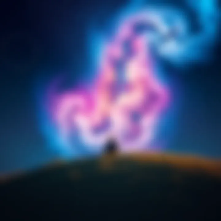 A person sitting on a grassy hill, looking up at a colorful sky filled with stars and swirling clouds, symbolizing different realities