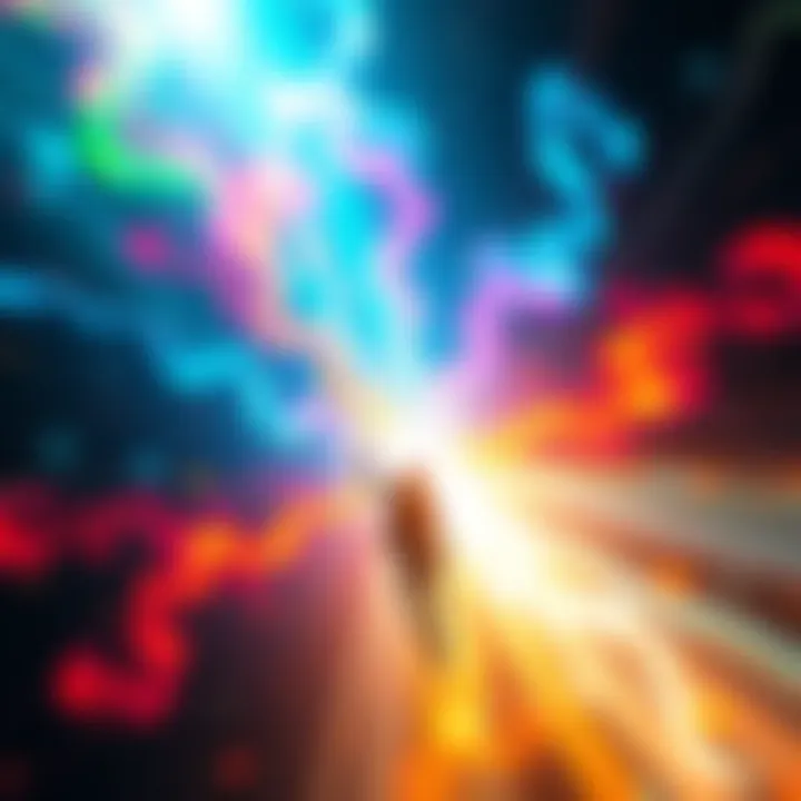 A person shifting their reality, surrounded by vibrant colors and light, symbolizing different dimensions