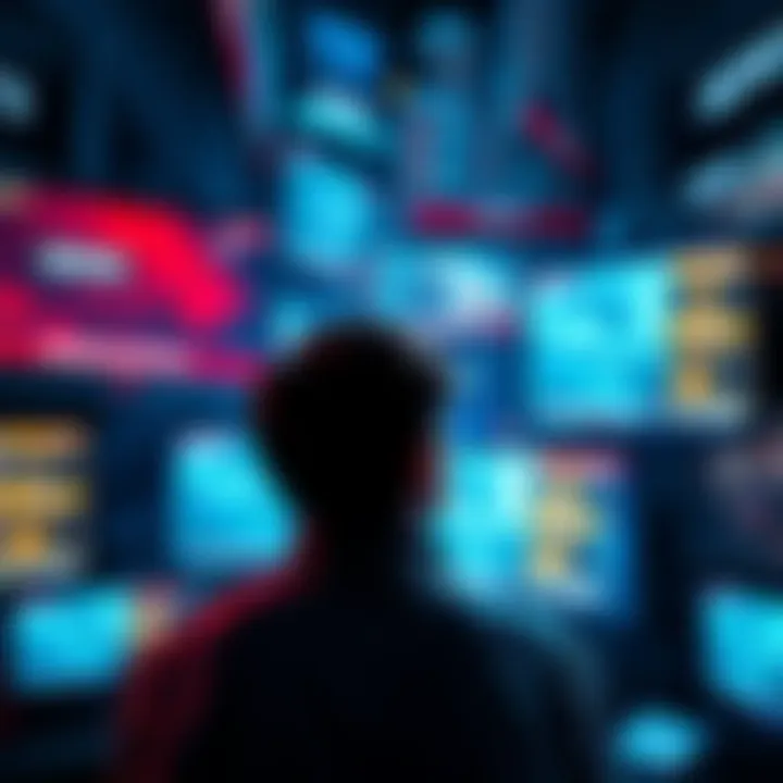 A person looking at multiple screens displaying news headlines, showing a chaotic mix of information, symbolizing media influence on perception of reality.